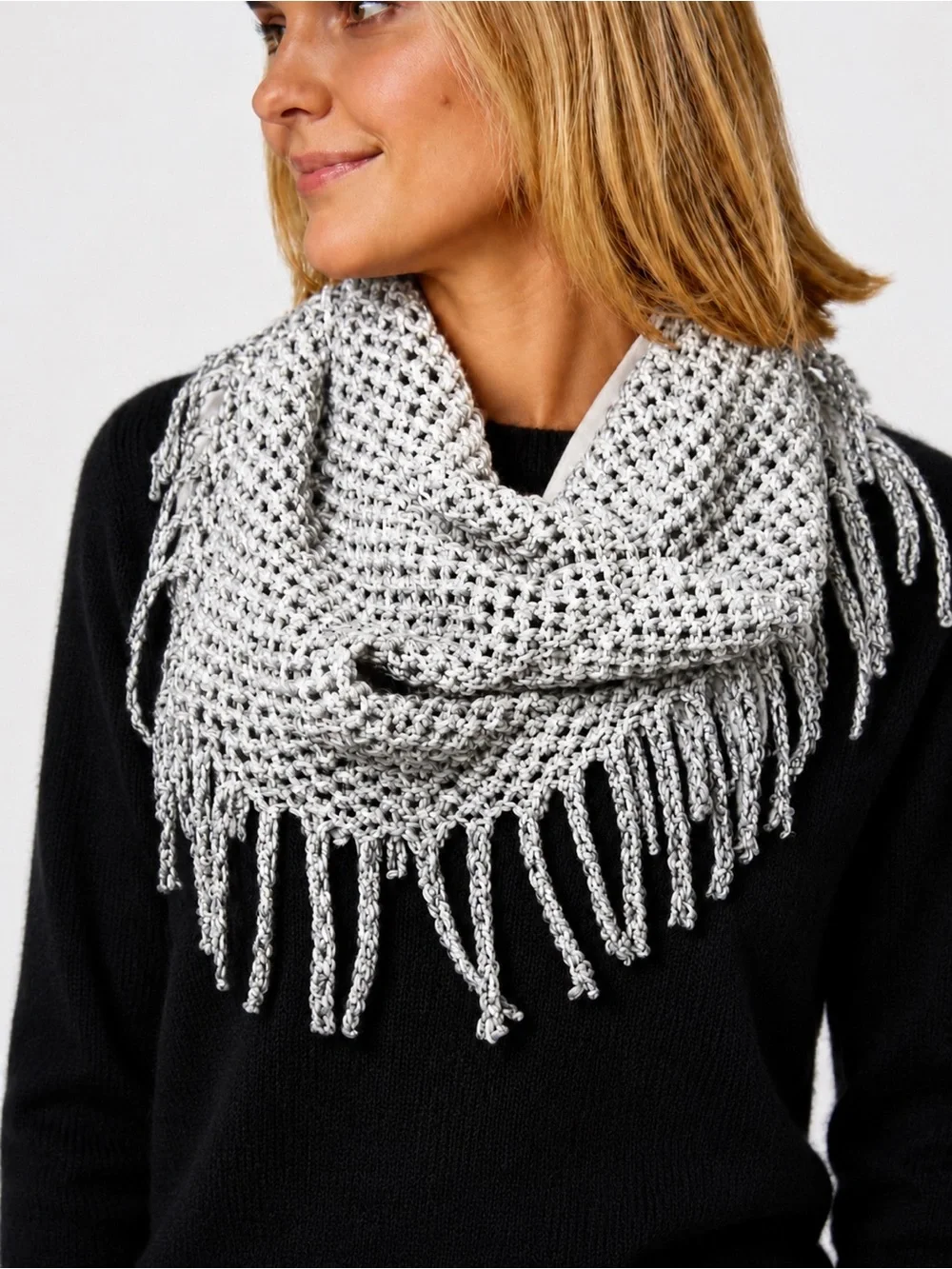 Crochet Tube Fringe Scarf in White & Gray